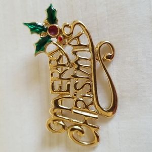 SFJ Gold Holly Merry Christmas Brooch